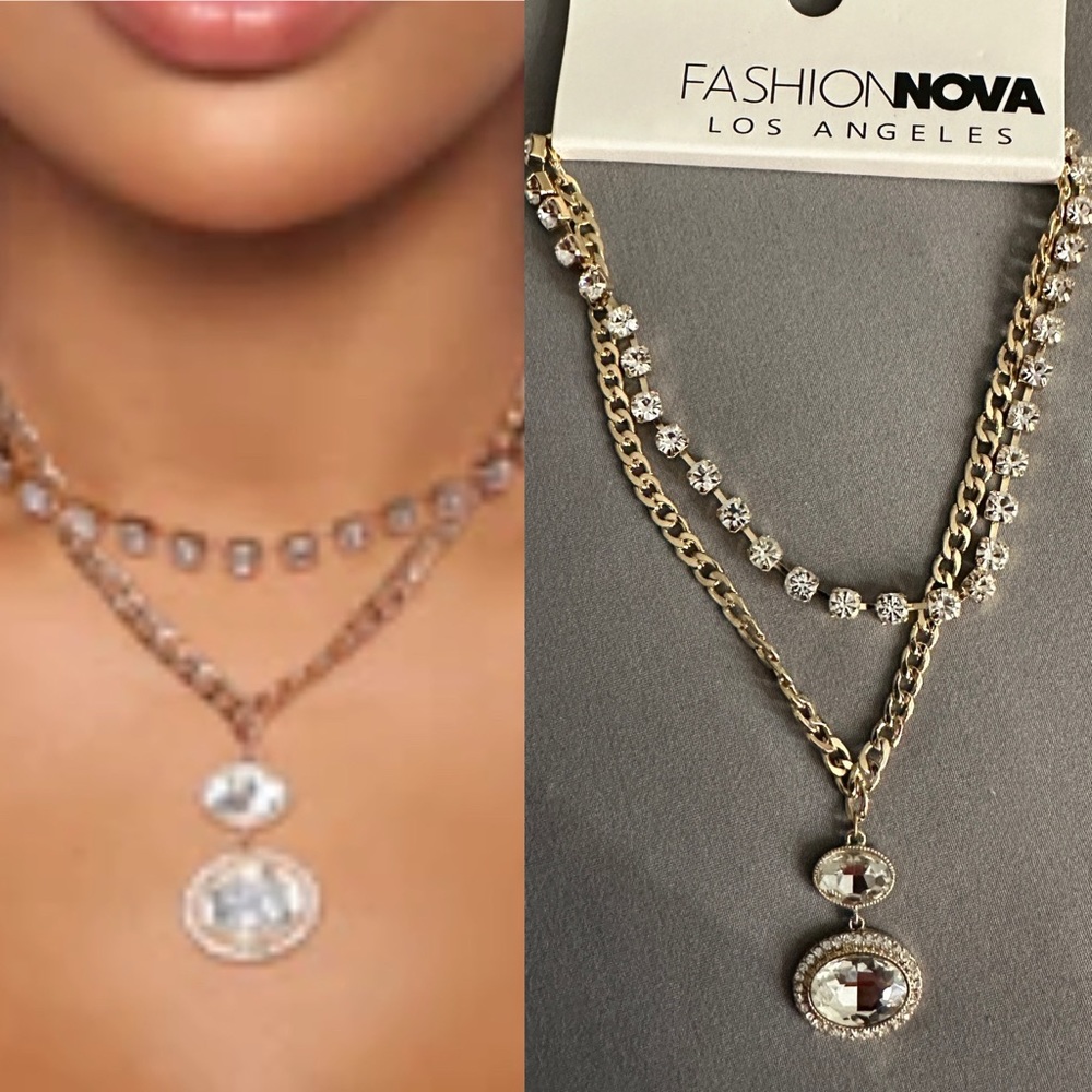NWT Fashion Nova gold rhinestone layered necklace